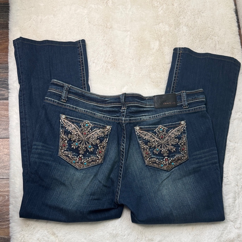 NWT Grace in LA Dark Blue Embellished Boot Cut Jeans size 33